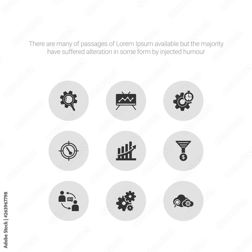 9 round vector icons such as seo cloud, seo configuration, seo consulting, funnel, growth contains keywords, management, monitoring, ranking. cloud, configuration, icon3_, gray icons