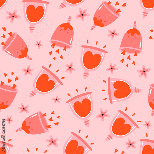 Menstrual cup. Menstruation theme. Period. Feminine hygiene product. Zero waste object. Menstrual protection, feminine hygiene. Hand drawn vector illustration. Pink seamless pattern