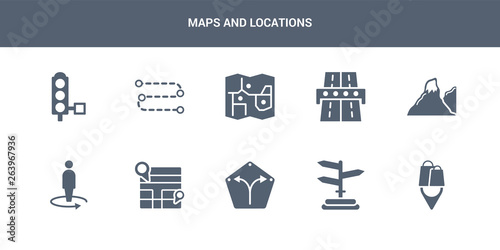 10 maps and locations vector icons such as shopping pin, , straight, street map, street view contains terrain, toll road, touristic map, track, traffic lights. maps and locations icons