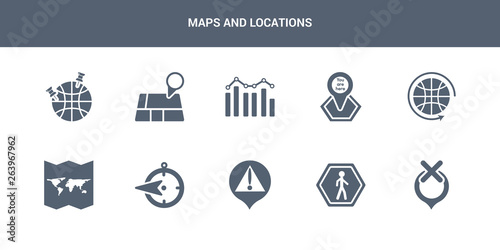 10 maps and locations vector icons such as unavailable location, walking, warning, west, world map folded contains worldwide, you are here, demographics, geolocation, geoanalytics. maps and