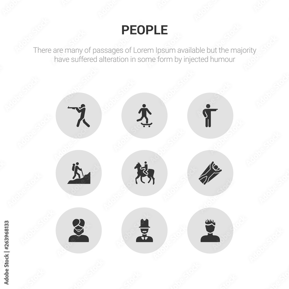 9 round vector icons such as man face with spiky hair, man face with top hat, man face with turban and beard, flying, horseriding contains in hike, pointing, riding skateboarding, shooting. spiky 9 round vector icons such as man face with spiky hair, man face with top hat, man face with turban and beard, flying, horseriding contains in hike, pointing, riding skateboarding, shooting. spiky
