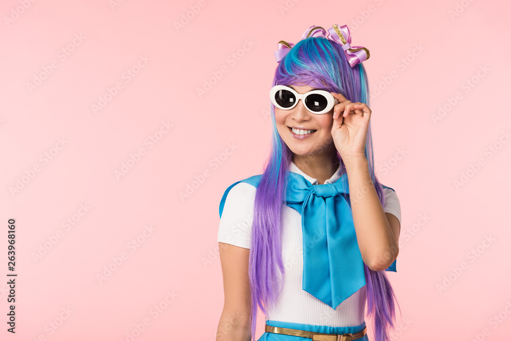 Smiling anime girl in wig and sunglasses isolated on pink Stock Photo |  Adobe Stock
