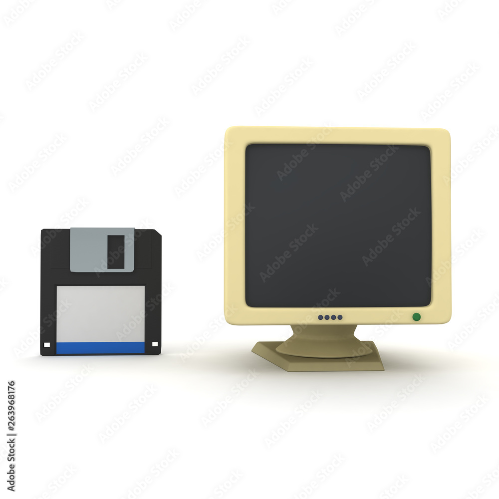 3D Rendering of floppy disk and old CRT monitor
