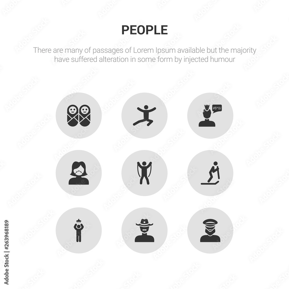 9 round vector icons such as sailor face, sheriff face, showering, skiing person, skipping rope man contains surgeon face, swear, training man, twins. sailor sheriff icon3_, gray people icons