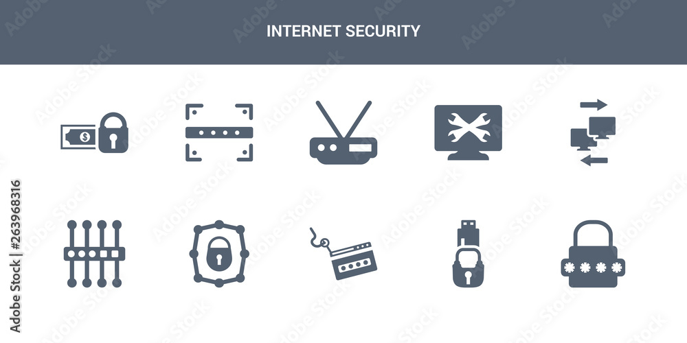 Fototapeta premium 10 internet security vector icons such as password, pendrive security, phishing, private network, proxy server contains remote access, remote support, router, scan, secure payment. internet security