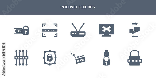 10 internet security vector icons such as password, pendrive security, phishing, private network, proxy server contains remote access, remote support, router, scan, secure payment. internet security