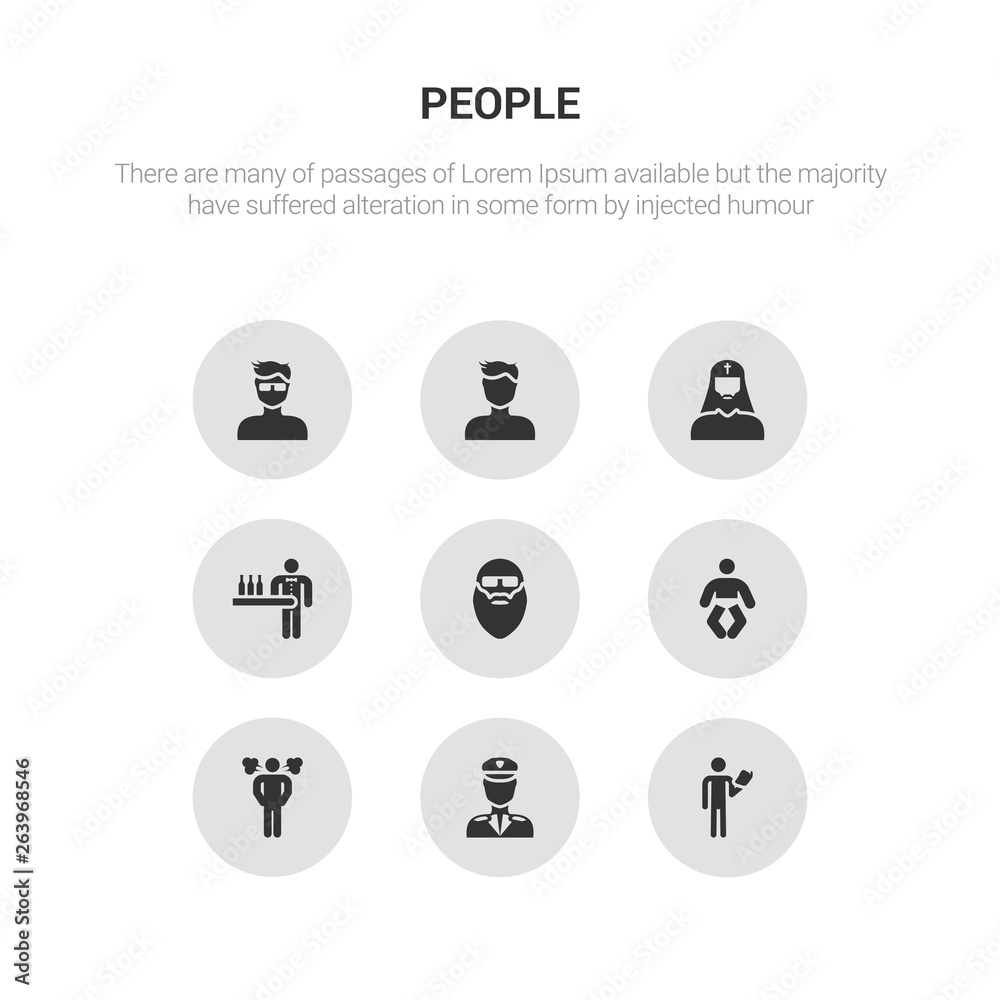 9 round vector icons such as acting class, airplane pilot, angry man, baby, bald man face with beard and sunglasses contains barman, bishop face, boy face, boy with glasses. acting class, airplane 9 round vector icons such as acting class, airplane pilot, angry man, baby, bald man face with beard and sunglasses contains barman, bishop face, boy face, boy with glasses. acting class, airplane