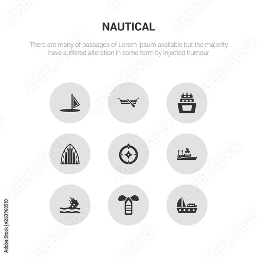 9 round vector icons such as yacht facing right, port and starboard, capsizing, ship admiral, azimuth compass contains afterdeck, ballast, seaworthy, windsail. yacht facing right, port and
