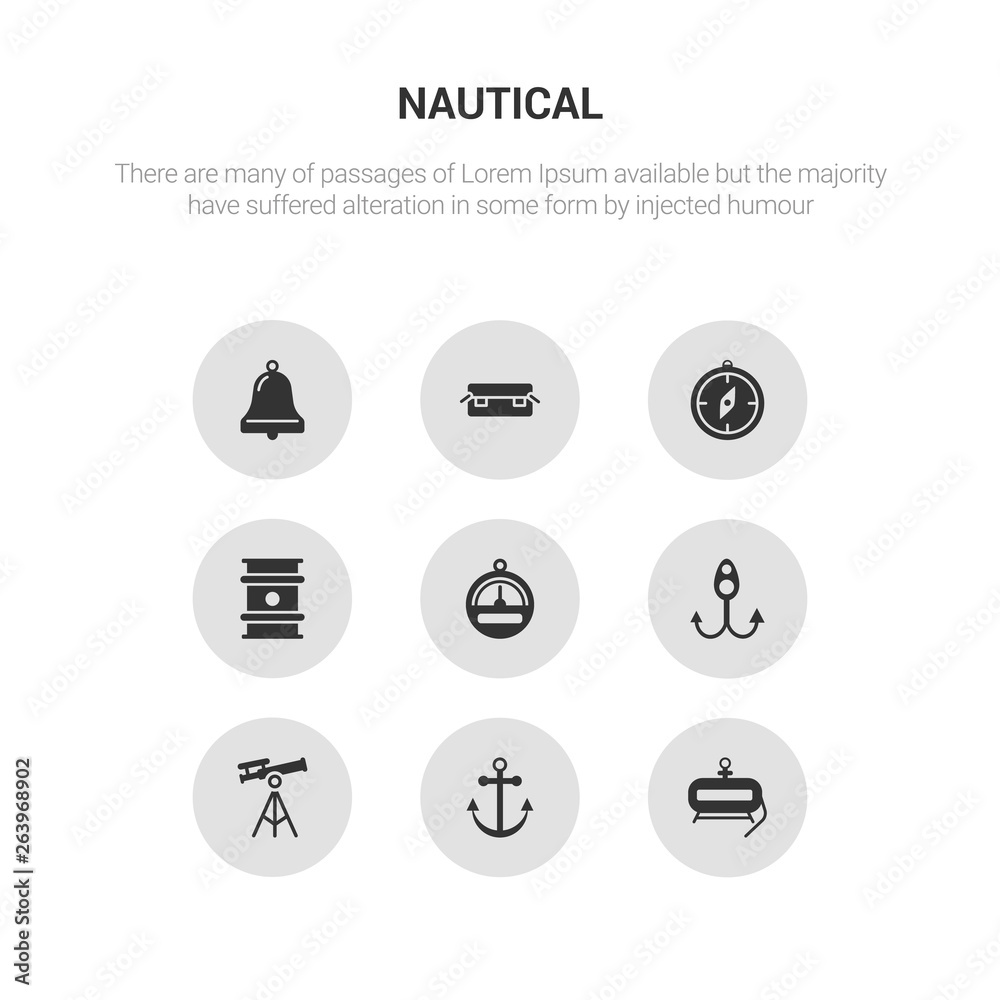 9 round vector icons such as air tank, anchor, antique telescope, bait, barometer contains big barrel, big compass, big crate, boat bell. air tank, anchor, icon3_, gray nautical icons