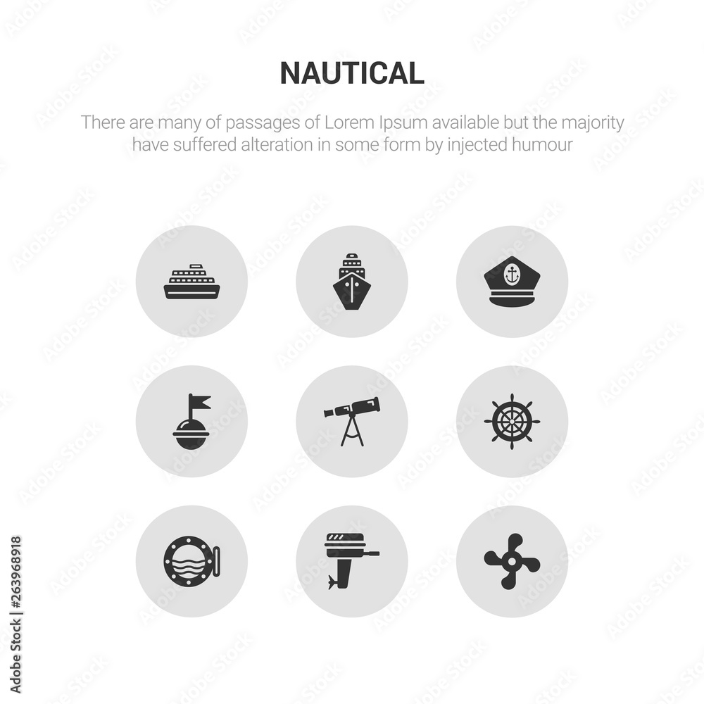 9 round vector icons such as boat screw, boat engine, boat porthole, steering wheel, telescope contains buoy, captain hat, cargo ship front view, cruise ship. screw, engine, icon3_, gray nautical 9 round vector icons such as boat screw, boat engine, boat porthole, steering wheel, telescope contains buoy, captain hat, cargo ship front view, cruise ship. screw, engine, icon3_, gray nautical