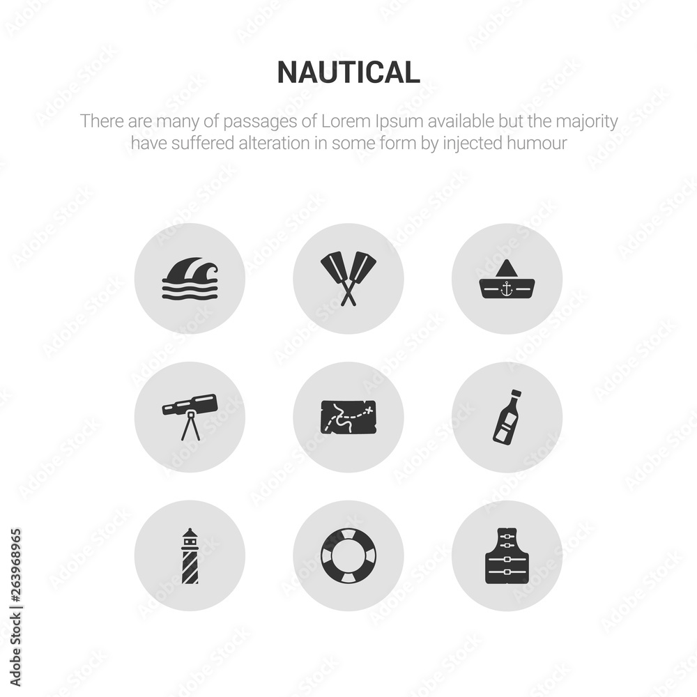 9 round vector icons such as life jacket, life preserver, lighthouse, message in a bottle, nautical map contains nautical monocular, navy hat, oars, ocean waves. life jacket, preserver, icon3_, gray