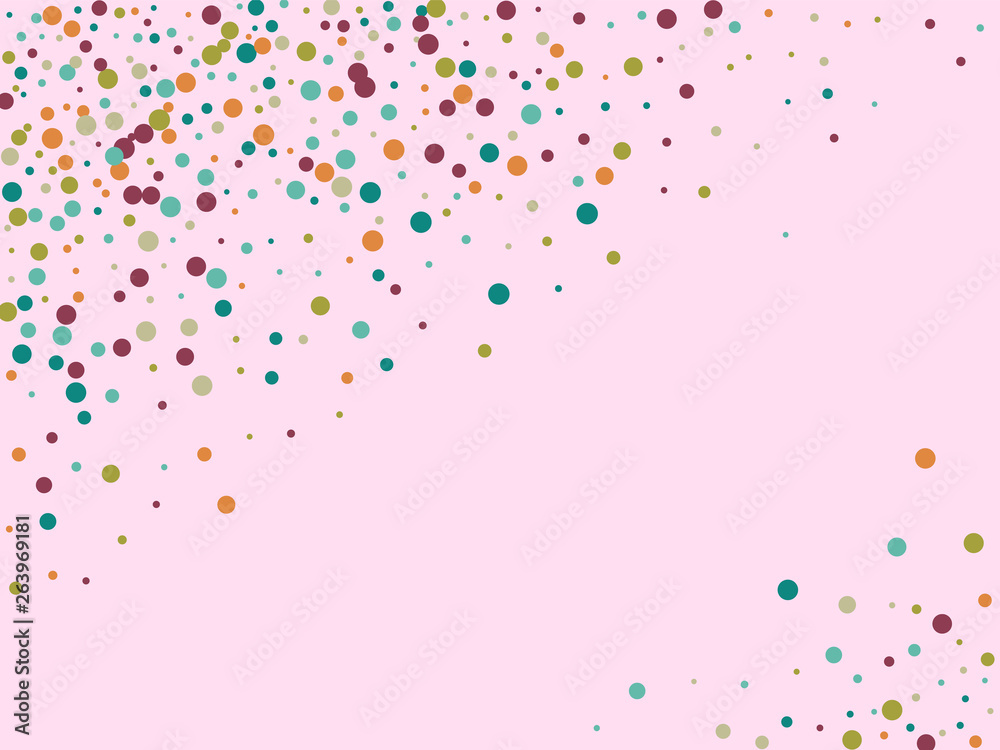 Festive background with multicolored confetti. Yellow, pink, blue circles but against a white background. Flying confetti.