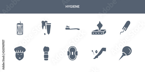 10 hygiene vector icons such as nasal aspirator, pedicure, sanitary napkin, shaving brush, shower cap contains tampon, tissue, tooth brush, tooth paste, toothpick. hygiene icons