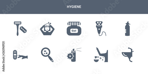 10 hygiene vector icons such as washbowl, wax, air freshener, bacteria, bandage contains bottle, electric shaver, gel, hair washing, razor. hygiene icons