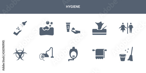 10 hygiene vector icons such as sanitary, towel, urinal, vacuum, virus contains wc, wipes, shaving gel, soap bar, ablution. hygiene icons