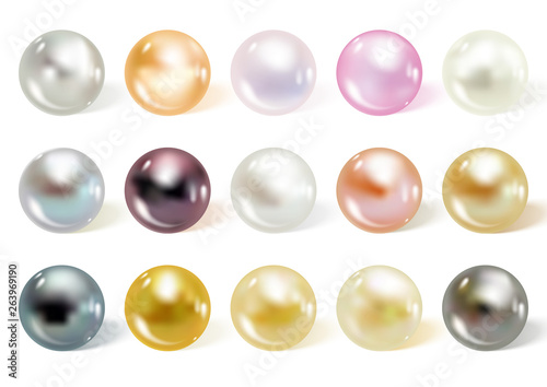 Realistic different colors pearls set.