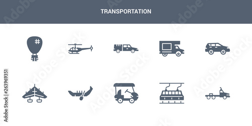 10 transportation vector icons such as flatbed lorry, funicular railway, golf cart, gondola, hang glider contains hatchback, haul, hearse, helicopter, hot air balloon. transportation icons