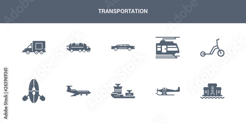 10 transportation vector icons such as houseboat, hydroplane, icebreaker ship, jetliner, kayak contains kick scooter, light rail, limousine, litter car, lorry. transportation icons
