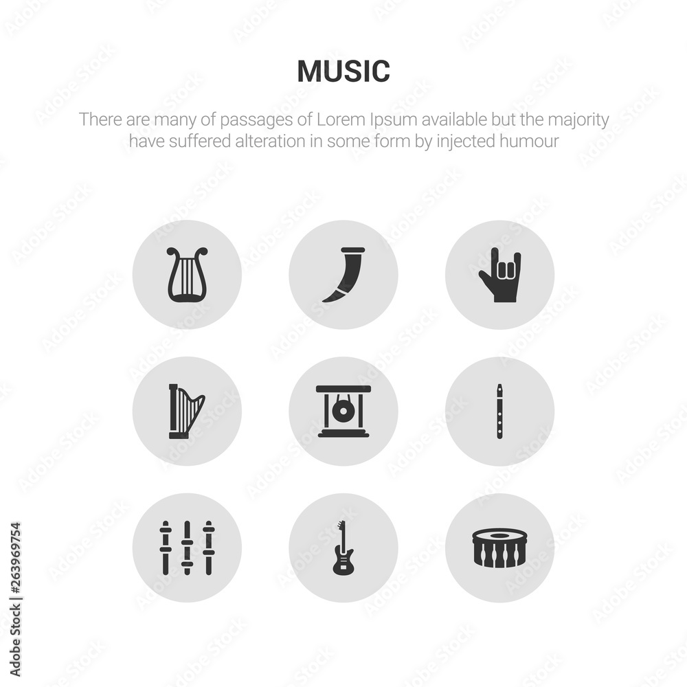 9 round vector icons such as drum, electric guitar, equalizer, flute, gong contains harp, heavy metal, horn, lyre. drum, electric guitar, icon3_, gray music icons 9 round vector icons such as drum, electric guitar, equalizer, flute, gong contains harp, heavy metal, horn, lyre. drum, electric guitar, icon3_, gray music icons