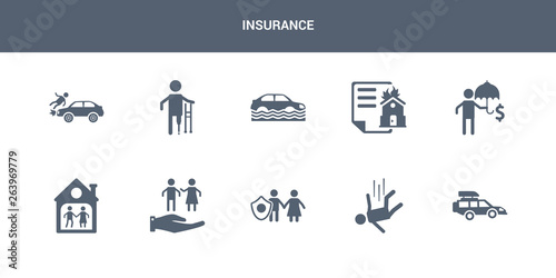 10 insurance vector icons such as excessive weight for the vehicle, falling, familiar insurance, family care, family house contains finances, fire insurance, flood risk, fracture, frontal crash.
