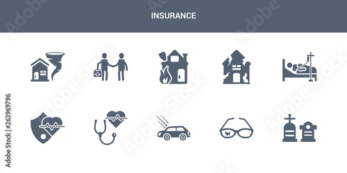 10 insurance vector icons such as funeral, glasses insurance, hail on the car, health insurance, heart contains hospitalization, house for storms, house on fire, agent, for home of tornado. icons