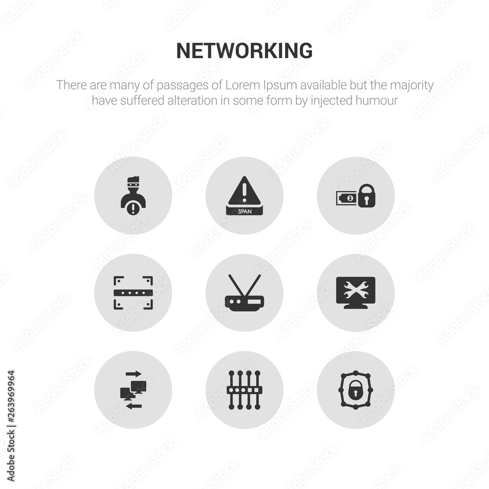 9 round vector icons such as private network, proxy server, remote access, remote support, router contains scan, secure payment, spam, spyware. private network, proxy server, icon3_, gray networking