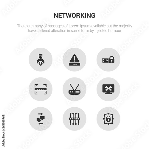 9 round vector icons such as private network, proxy server, remote access, remote support, router contains scan, secure payment, spam, spyware. private network, proxy server, icon3_, gray networking