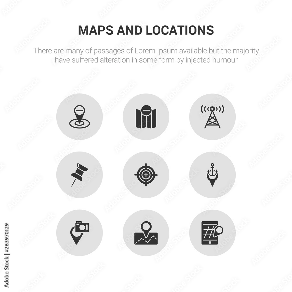 9 round vector icons such as phone location, placeholder, places to photograph, port, precision contains push pin, radio tower, remove from map, remove location. phone location, placeholder, icon3_,