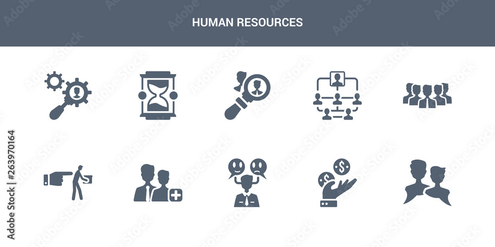 10 human resources vector icons such as dialogue, earnings, emotions, employee, fi contains group, hierarchical structure, hiring, hourglass, human resources. human resources icons