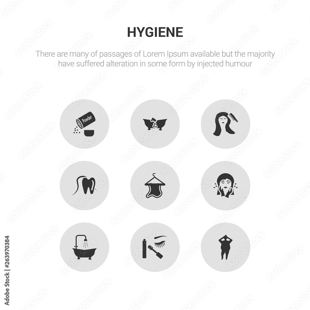 9 round vector icons such as body shaming, dolled up, douche, face washer, face towel contains flossing, grooming, lather, powder. body shaming, dolled up, icon3_, gray hygiene icons