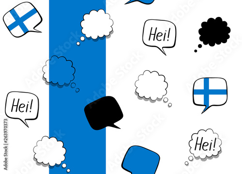 Seamless background with Finland flag and speech bubbles with greetings in Finnish. Vector illustration