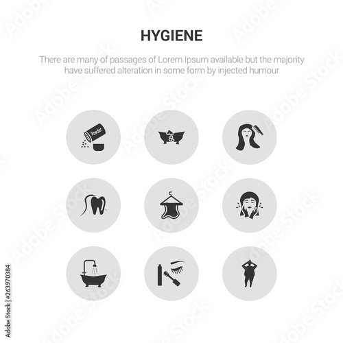 9 round vector icons such as body shaming, dolled up, douche, face washer, face towel contains flossing, grooming, lather, powder. body shaming, dolled up, icon3_, gray hygiene icons