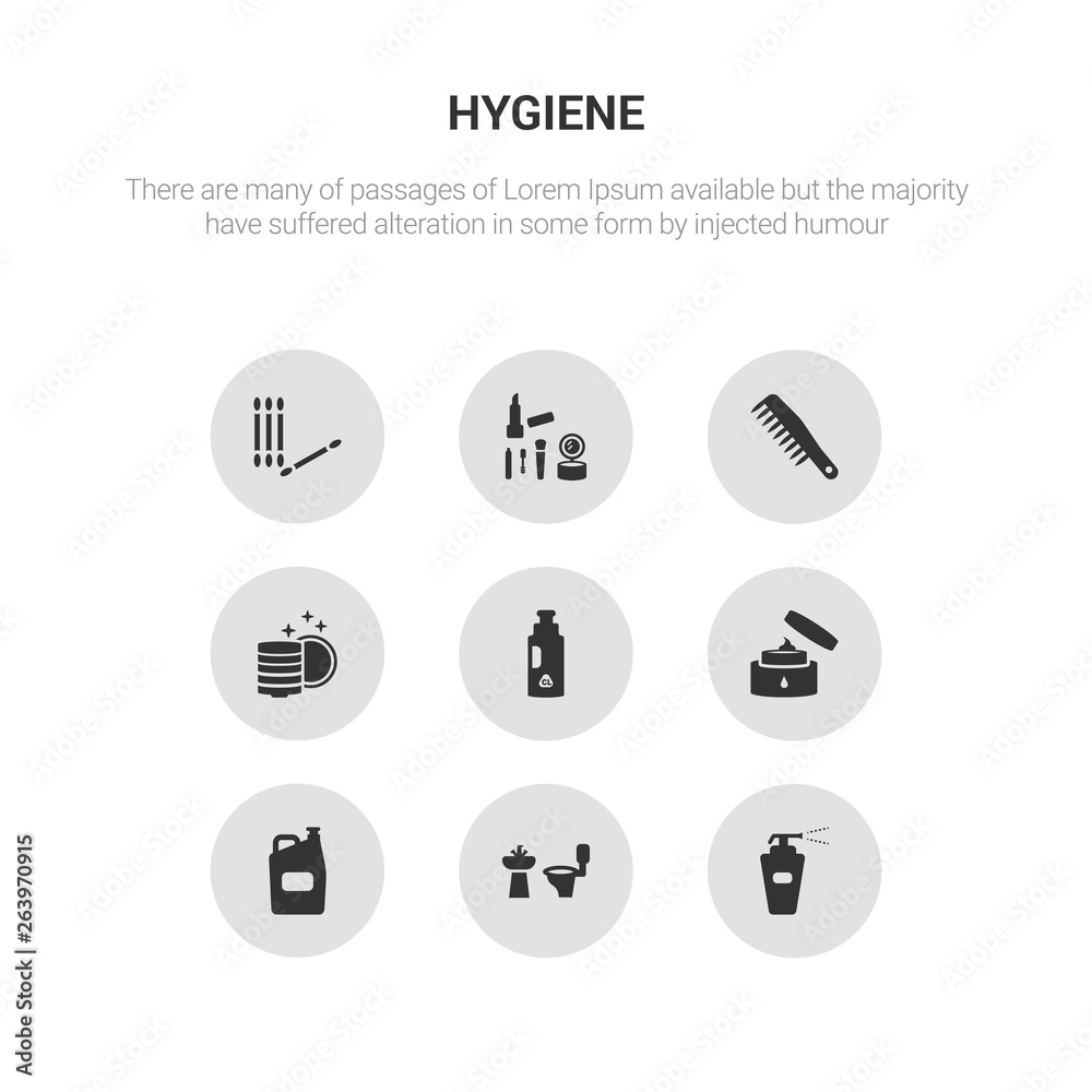 9 round vector icons such as antiseptic, bathroom, bleach, body cream, chlorine contains clean dishes, comb, cosmetics, cotton swab. antiseptic, bathroom, icon3_, gray hygiene icons 9 round vector icons such as antiseptic, bathroom, bleach, body cream, chlorine contains clean dishes, comb, cosmetics, cotton swab. antiseptic, bathroom, icon3_, gray hygiene icons