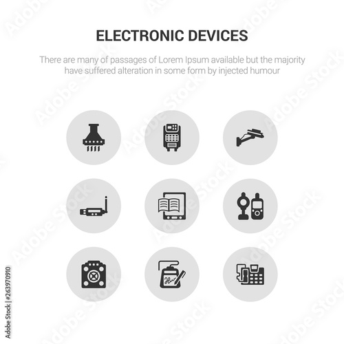 9 round vector icons such as answering machine, electronic, asic miner, baby monitor, book reader contains usb wireless adapter, video surveillance, air purifier, exhaust hood. answering machine,