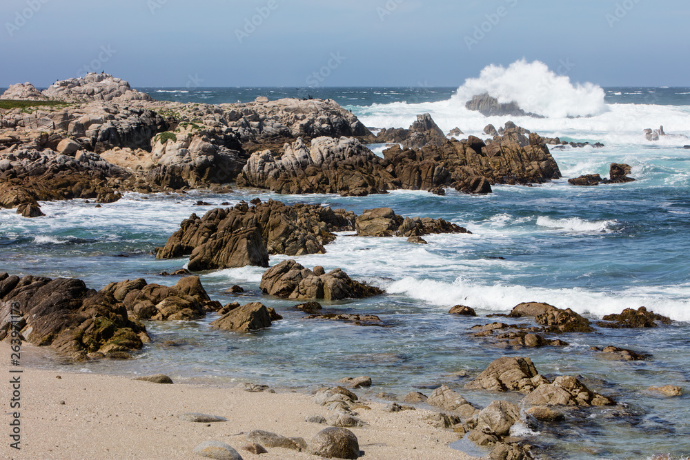 The nutrient-rich waters of the Pacific Ocean washes against the beautiful, rocky California coastline just south of Monterey Bay. This area is known for its spectacular natural scenery.