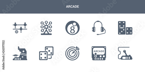 10 arcade vector icons such as controls, crystal, dart, dice, dices contains domino, earphone, eight ball, ferris wheel, foosball. arcade icons