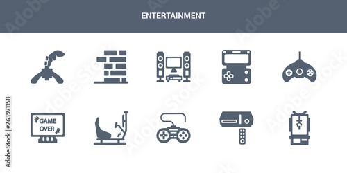 10 entertainment vector icons such as gambling, game console, game controller, game machine, over contains gamepad, handheld home theater, jenga, joystick. entertainment icons
