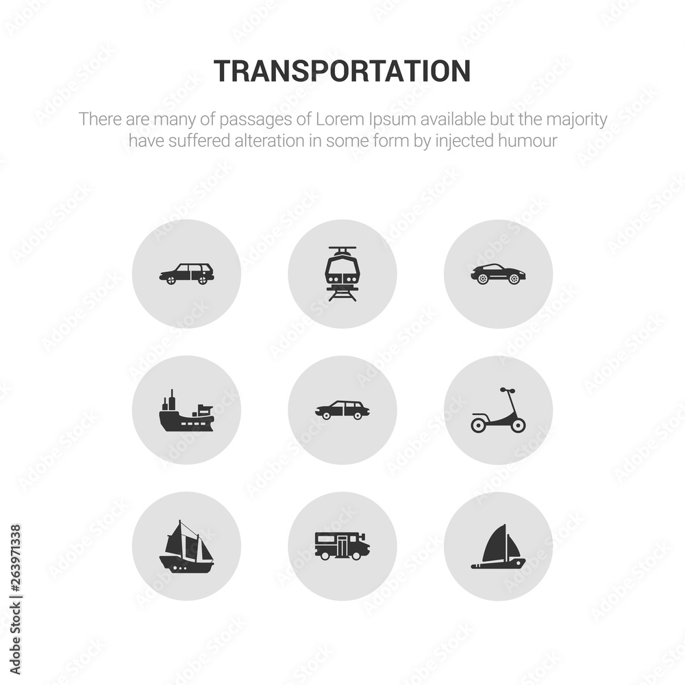 9 round vector icons such as sailboat, school bus, schooner, scooter, sedan contains ship, sport car, subway, suv. sailboat, school bus, icon3_, gray transportation icons