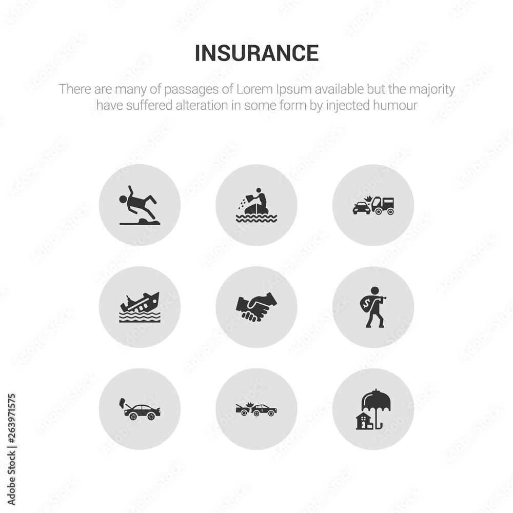 9 round vector icons such as real estate insurance, rear end collision, repair, robbery, shake hands contains ship insurance, side crash, sinking, slippery road. real estate insurance, rear end