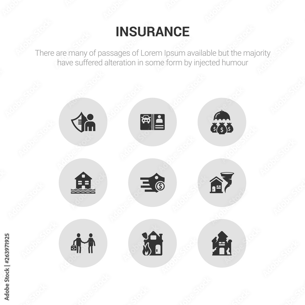 9 round vector icons such as house insurance for storms, house on fire, insurance agent, insurance for home of tornado, of a shield with dollar contains inundation, investment license, life house 9 round vector icons such as house insurance for storms, house on fire, insurance agent, insurance for home of tornado, of a shield with dollar contains inundation, investment license, life house
