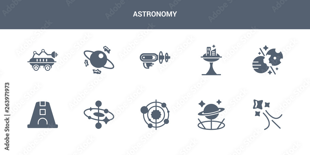 10 astronomy vector icons such as shooting star, simulator, solar system, space, space capsule contains space collision, colony, gun, junk, robot. astronomy icons