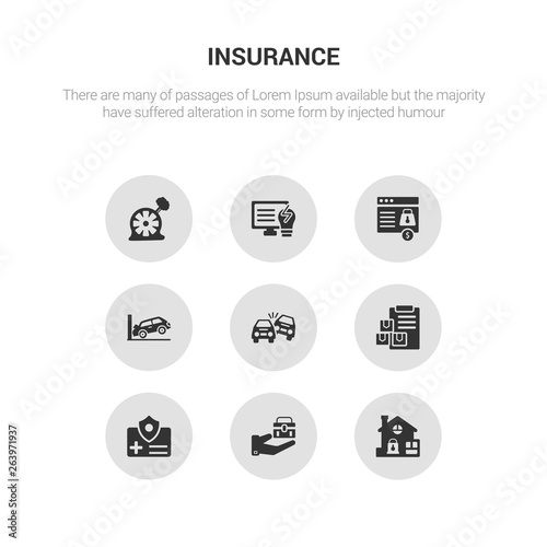 9 round vector icons such as locked padlock insurance, luggage insurance, medical insurance, moving overturned car contains parking crash, payment protection, problem electric, puncture in a wheel.