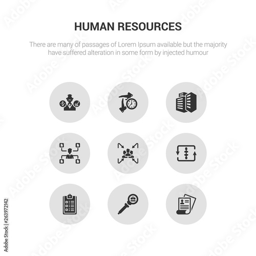 9 round vector icons such as job application, job search, list, loop, meeting point contains multitask, office building, out of time, pension. job application, search, icon3_, gray human resources