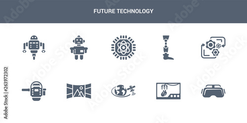 10 future technology vector icons such as oculus rift, organ printing, outer space, panoramic view, personal assistant contains processing, prosthesis, quantum computing, robot, robot assistant.