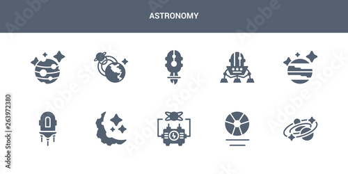 10 astronomy vector icons such as galaxy, gamma ray, generator, half moon, jet pack contains jupiter, lander, liftoff, magnetic field, mars. astronomy icons