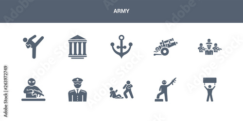 10 army vector icons such as revolt, rebellion, assault, officer, guerrilla contains brigade, artillery, naval, federal agency, combat. army icons photo