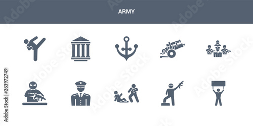 10 army vector icons such as revolt, rebellion, assault, officer, guerrilla contains brigade, artillery, naval, federal agency, combat. army icons