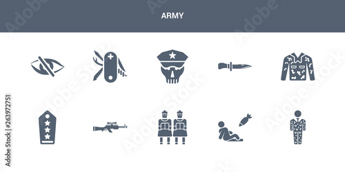 10 army vector icons such as conscription, civilian, terracotta, sniper rifle, shoulder strap contains camouflage military clothing, combat knife, skull army, swiss army knife, stealth. icons