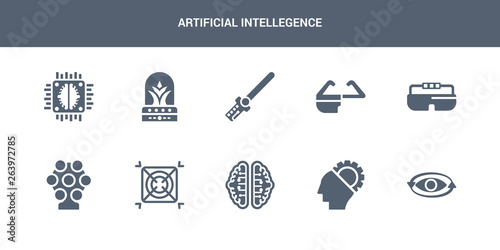 10 artificial intellegence vector icons such as 360 degrees, ai, ai brain, ai grid, ar camera contains ar glasses, ar monocle, wand, artificial atmosphere, artificial intelligence. intellegence