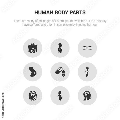 9 round vector icons such as brain inside human head, woman pregnant, brain upper view, broken bone, capsule black and white variant contains cellulite, closed eyes with lashes and brows, column